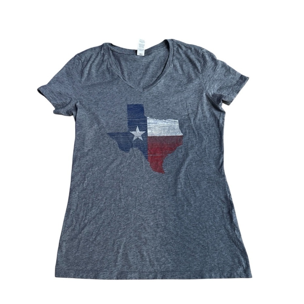 Gray Texas graphic short sleeved V neck red white & blue with star T shirt, S.